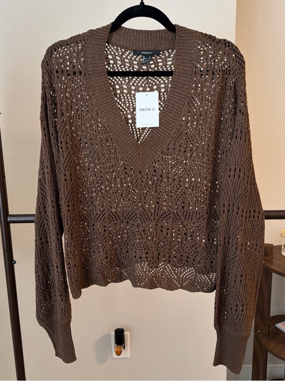 Forever 21 Brown Open-Knit V-Neck Sweater